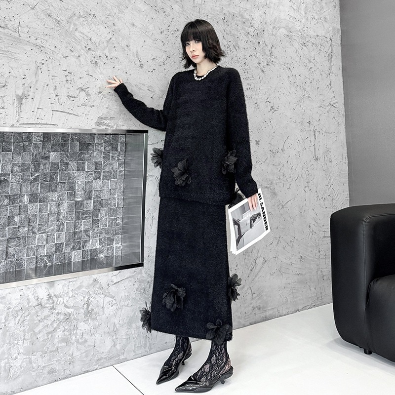 【J.Fashion】 2025秋 ニットセット 花飾り 上下セット おしゃれ レディース セットアップ 関連商品購入可能 メガ割