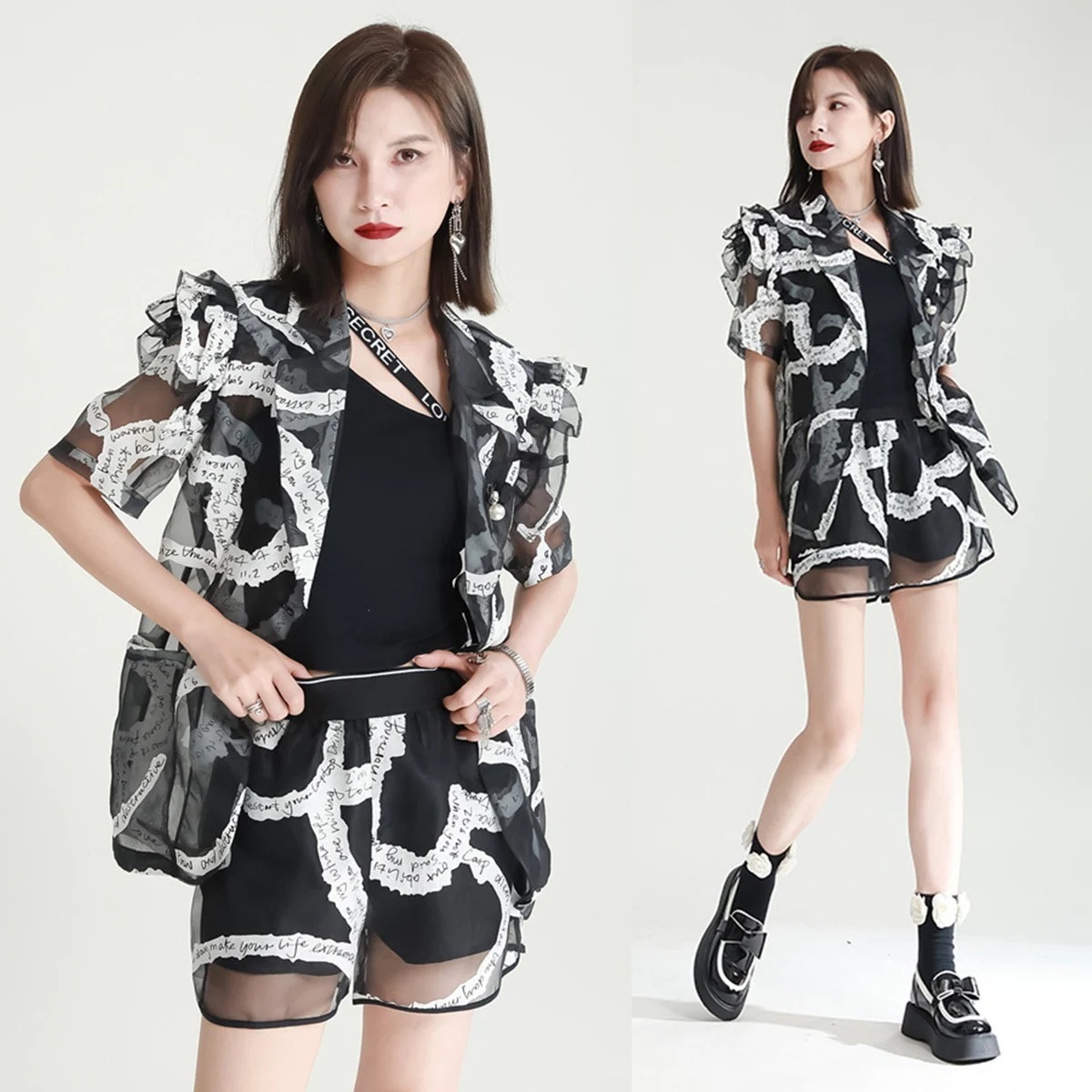 【J.Fashion】 夏セットアップ 3SET ブラウス＋キャミ＋パンツ 柄 シアー フリル 夏はこの一枚で充分 レディースセットアップ メガ割