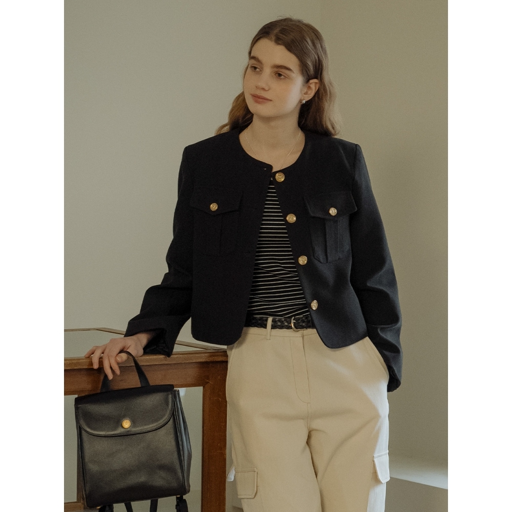 TILLIDIE ノーカラーポケットコットンジャケットブラック