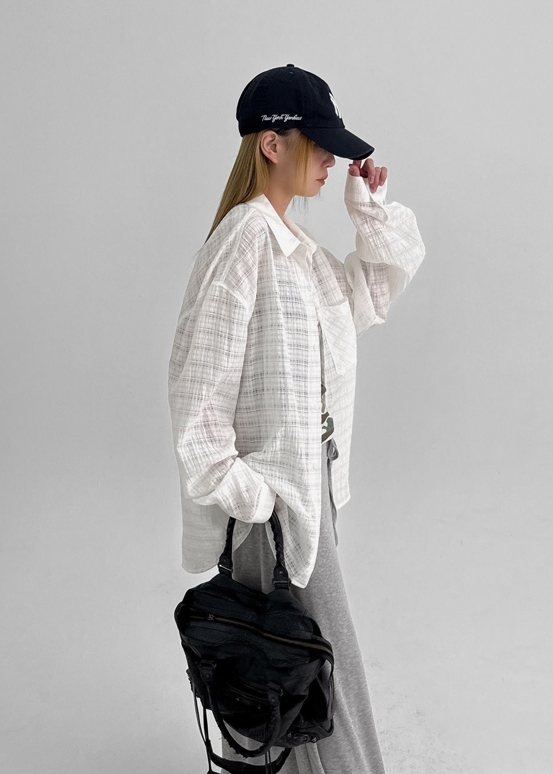 (UNISEX) ウェロンチェックルーズフィットシャツ