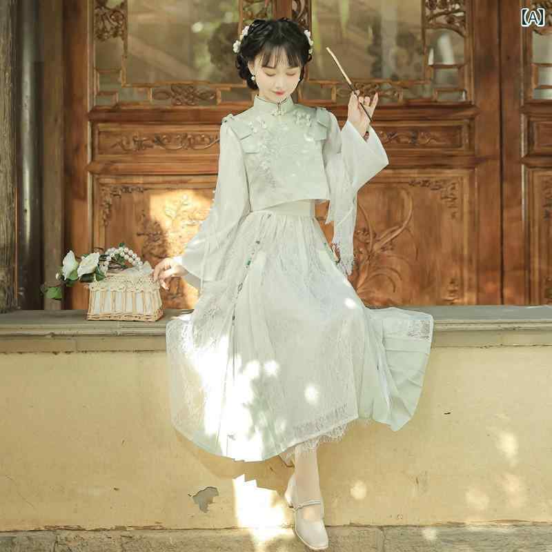 セットアップ スカートスーツ チャイナ風 レース 透け感 グリーン ぼかし 漢服 衣装 長袖 レディース 夏 軽やか 透明感 エレガント フェミニン フローラル