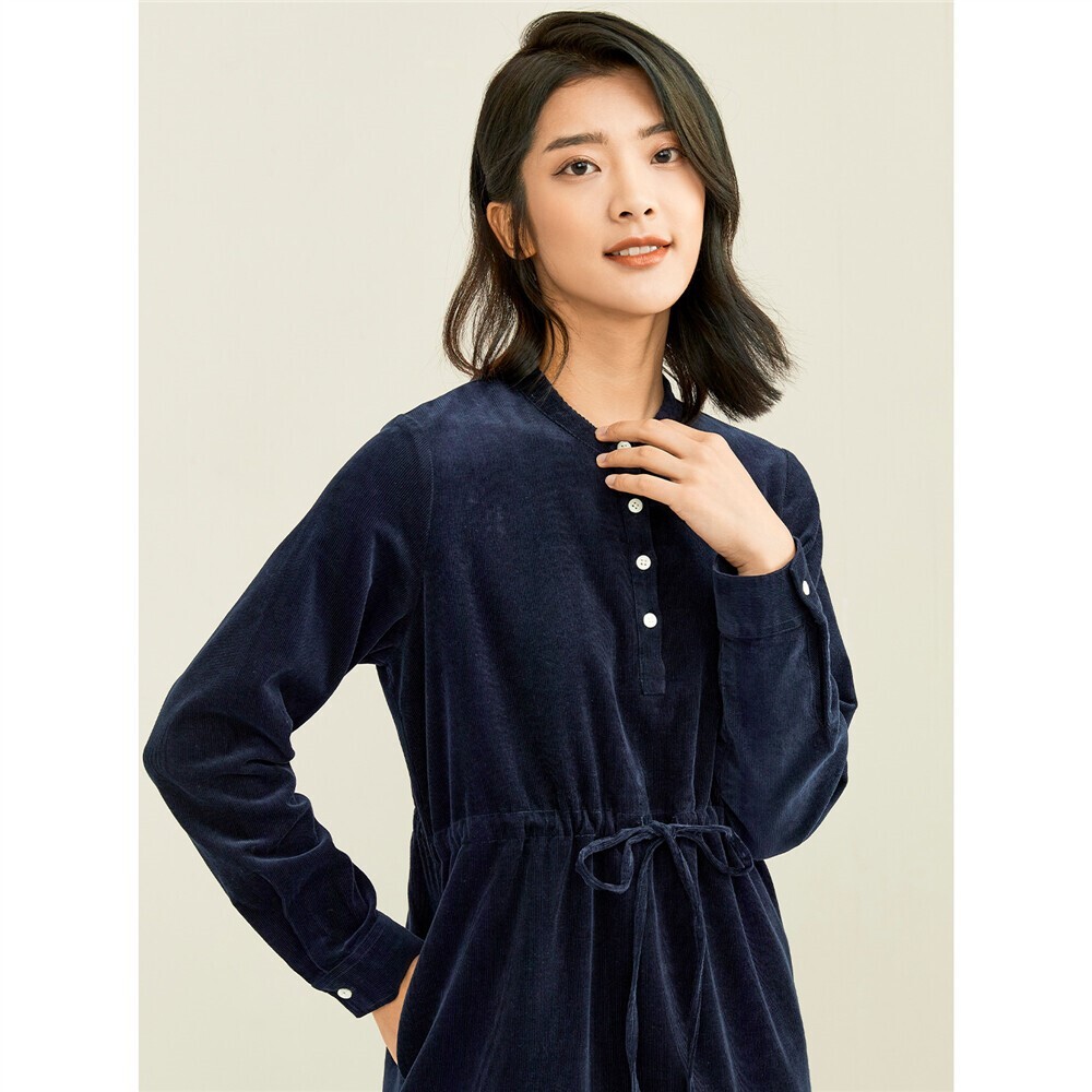 かわいい きれいめ カジュアル ラウンドネック ワンピース チュニック 膝丈 ひざ丈 長袖 ストレート コーデュロイ 大人可愛い シンプル 大人 上品 かっこいい レトロ 大人女子 キュート 無地 春