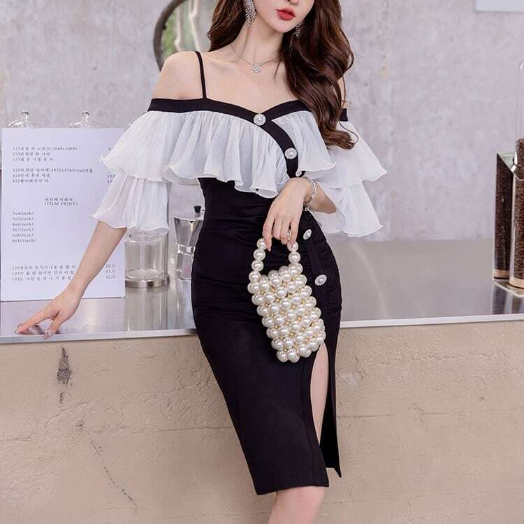 レディース フリル オフショル ワンピース バイカラー 深めスリット タイト パール 肩見せ 大人可愛い ママコーデ ママファッション 韓国 オルチャンファッション 人気 トレンド 新作 20代 30
