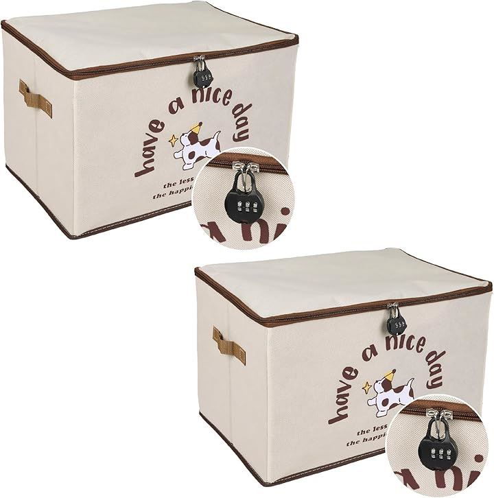 鍵付き 収納ケース 犬マーク 収納ボックス ダイヤル錠 折りたたみ 大容量 片付け 衣類 布製 ファスナー(グレー, LL（2個セット）)