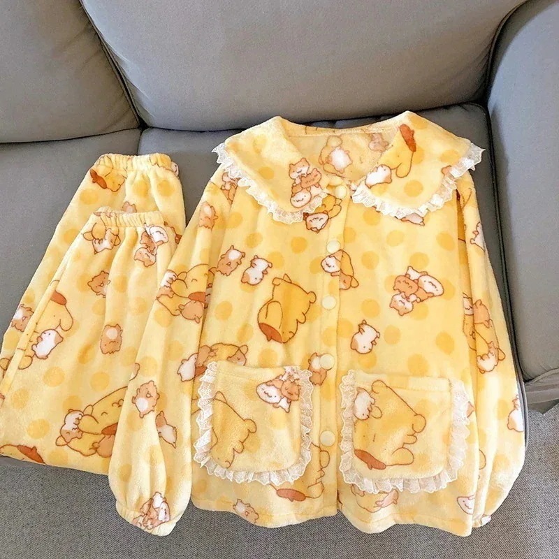 新品登場パジャマ着の新パジャマかわいい女の子レース襟漫画フランネルホーム服セット