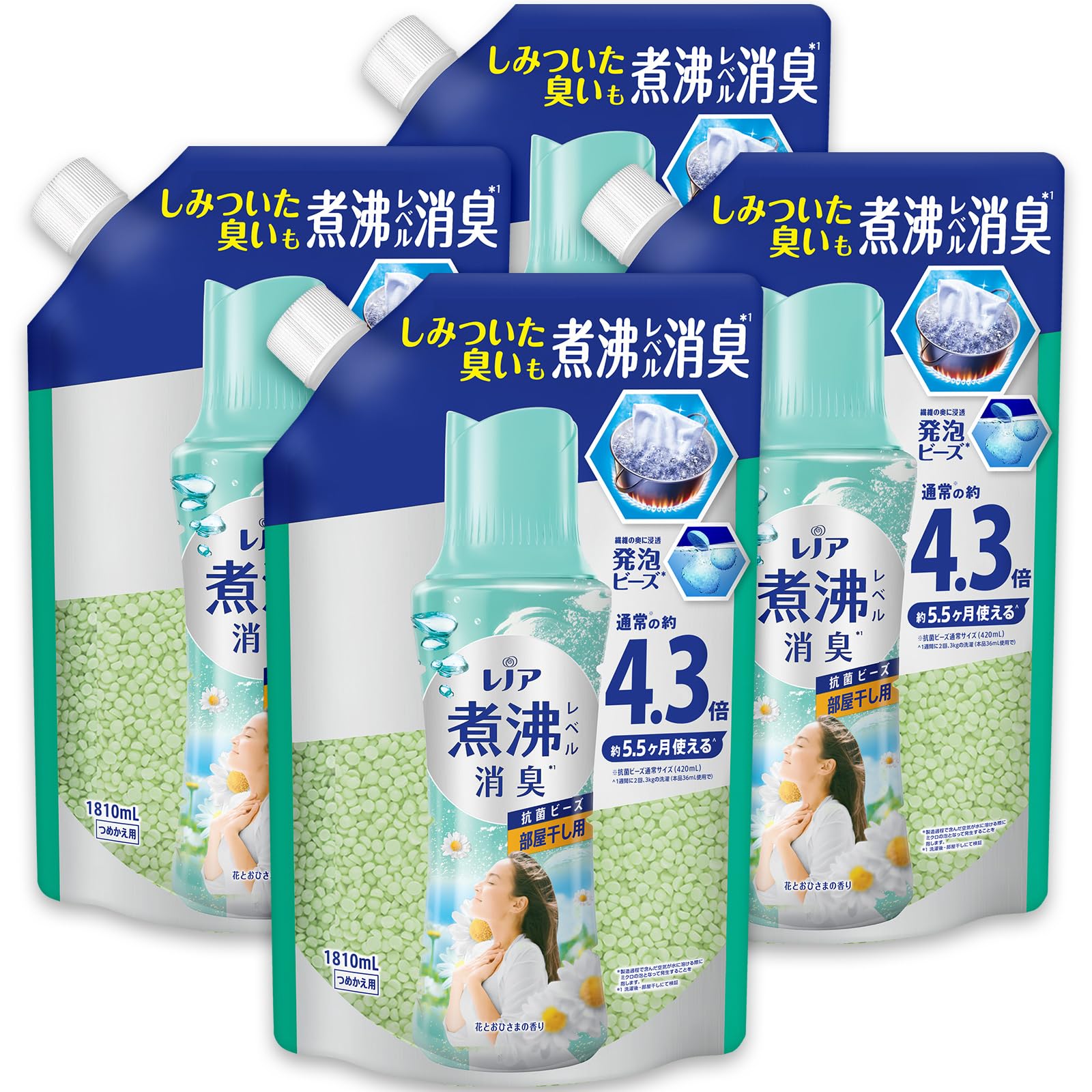 レノア 超消臭 煮沸レベル消臭 抗菌ビーズ 部屋干し 花とおひさまの香り 詰め替え 1810mL×4袋 [大容量] [ケース品]