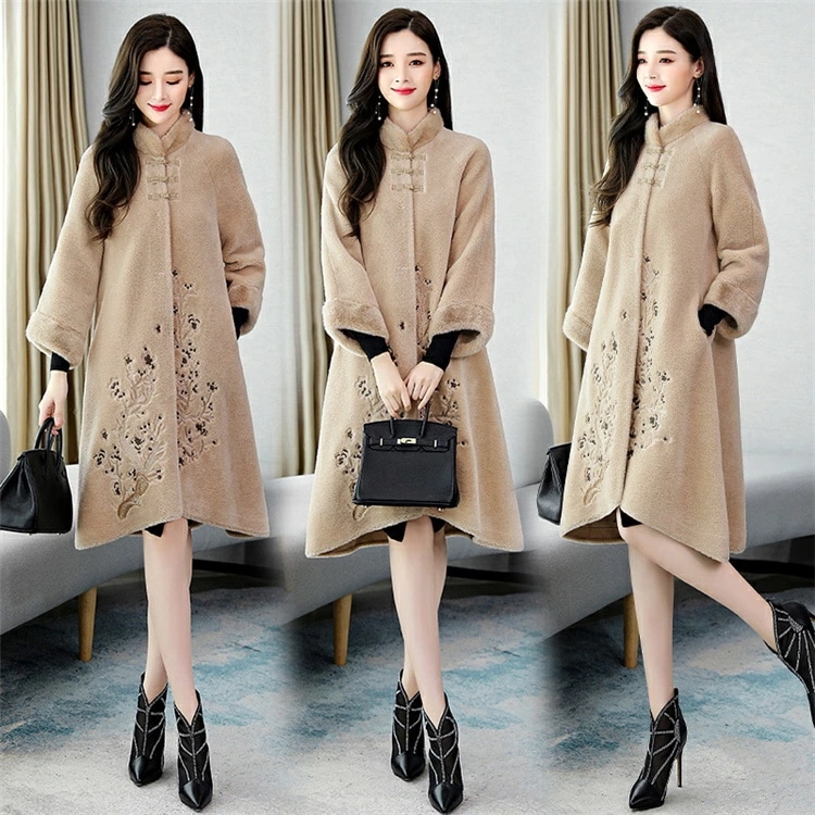 アウターコートトレンチコートレディース女性バックロング 花柄刺繍コートチャイナドレスワンピースハイネック
