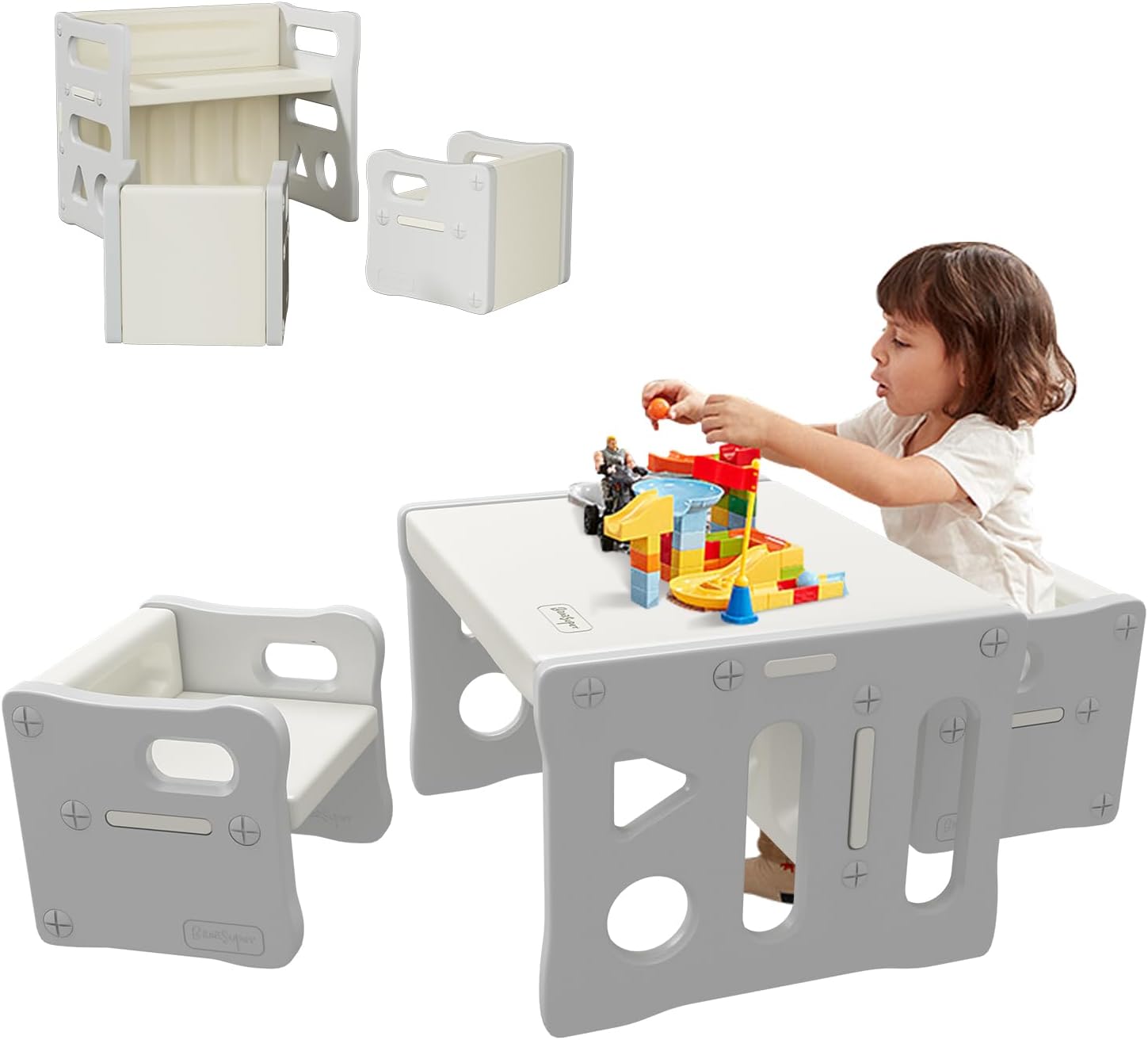 BanaSuper 子供用テーブルと椅子3点セット アクティビティ デスク チェア プラスチック 多機能 収納 家具 リビング学習/絵かき/ダイニング/プレイセット ホワイトとグレー
