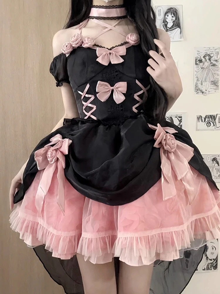 【激安本日限定】ロリータ ワンピース黒とピンクのローズロリータドレスウェディングドレスロリータフィッシュボーン逃亡者重工業プリンセスロースカートよく