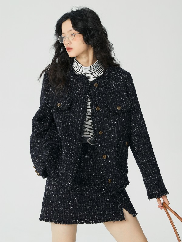 オモント エッグタルト チェック柄 切りっぱなし スモールフレグランススタイル ジャケット レディース 春新作 レトロ スモールショートジャケット 8,572円