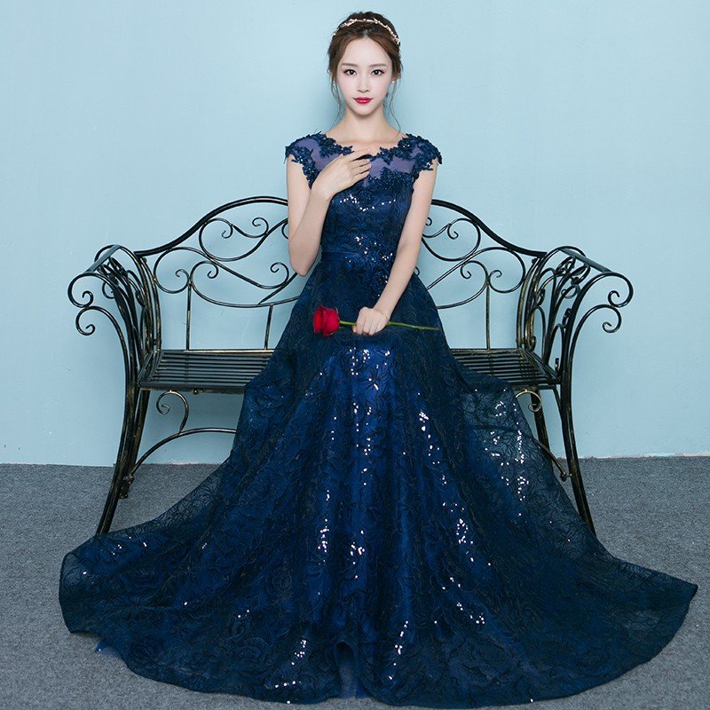 ロングドレス 半袖 カラードレス 安い パーティードレス 演奏会 結婚式 フォーマルドレス 二次会 花嫁 ロングドレス 発表会 ブライズメイドドレス 青 披露宴