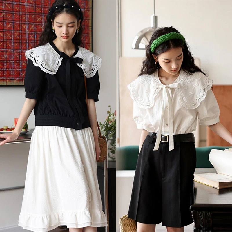 襟付きブラウス シャツ リボンブラウス パンチングレース襟 取り外し可能 綿100 少女 可愛い 6,265円