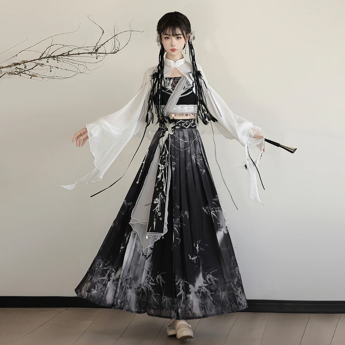 正規品デザイン鶴羽新韓国cos元素異域上着胸衣半スカート水墨