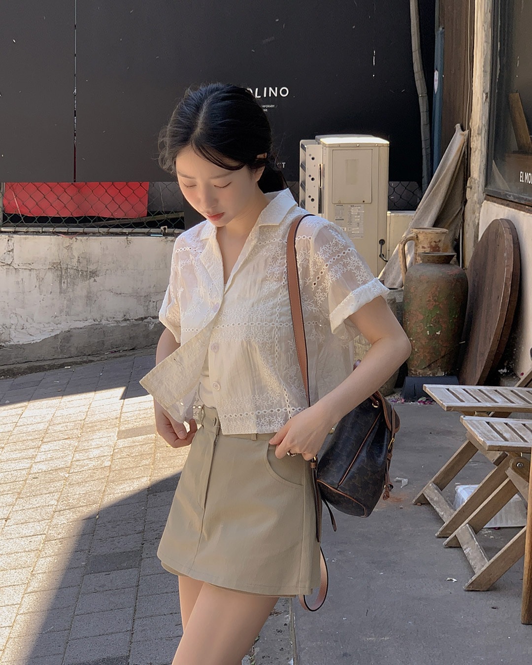 クローパンチング半袖シャツ韓国ファッション レディース