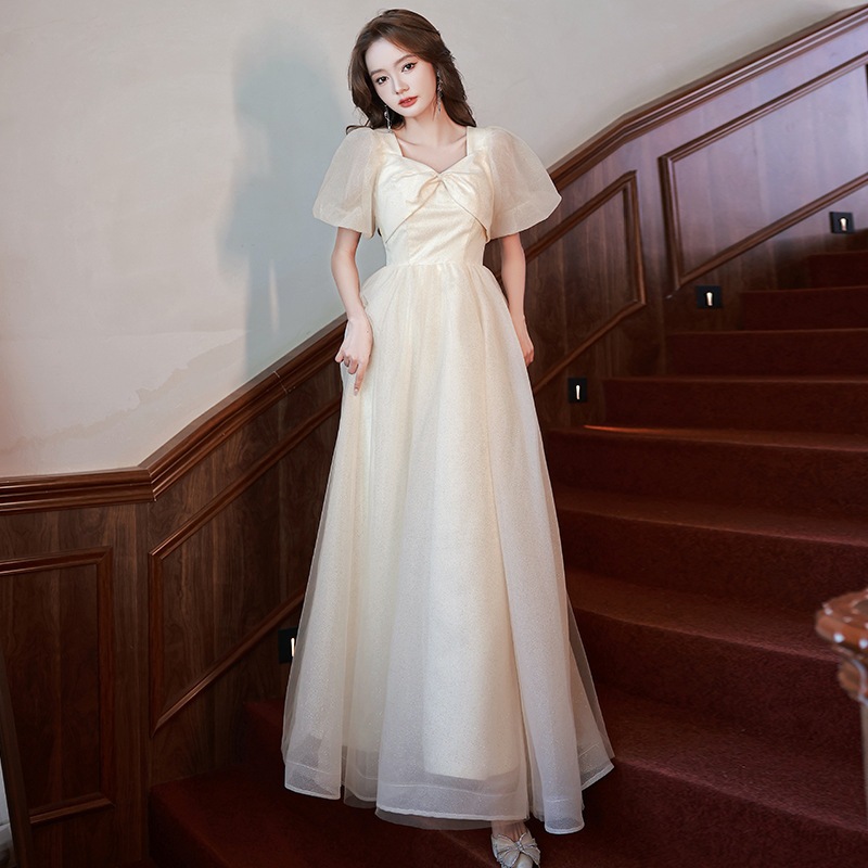 シャンパンカラードレスハイエンドの気質の女性のための雰囲気とハイエンドのドレス妖精のようなアート試験長いスカート