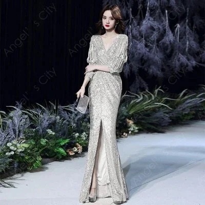 演奏会ドレス ウエストマーク 衣装 ワンピース ロングワンピース 5分袖 イブニングドレス スリット 高級質感ドレス ロング丈 新作 ステージドレス マーメ ドレス 二次会ドレス Vネック