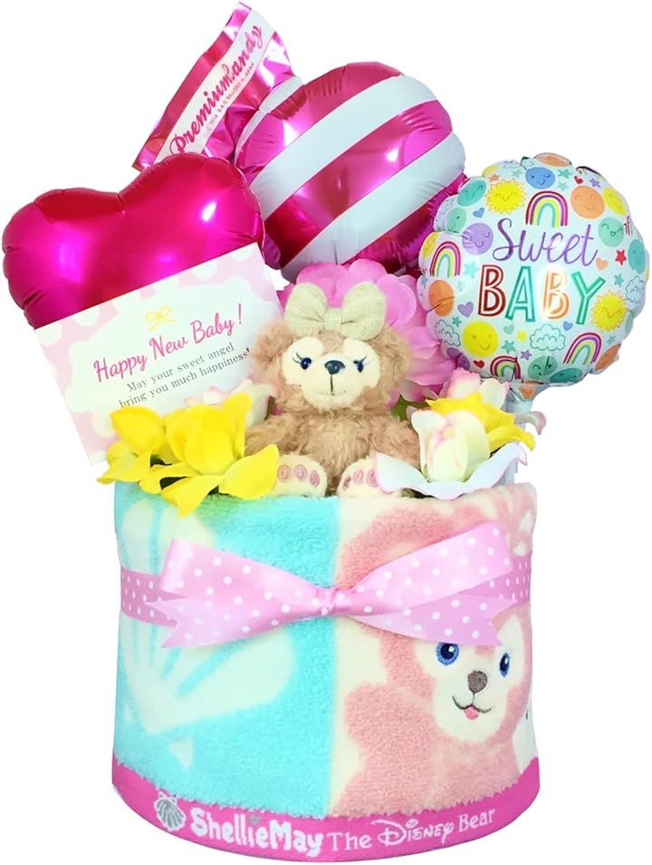 おむつケーキ 女の子 出産祝い 赤ちゃん 誕生日 ベビーシャワー ギフト(ピンク, 1段Sサイズ)