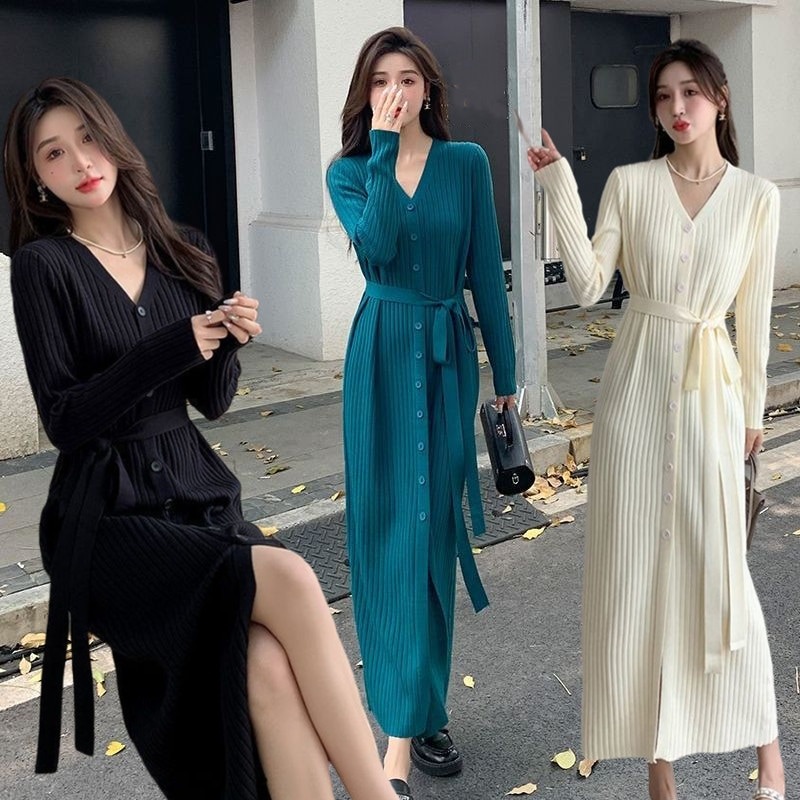 韓国ファッション 長袖の ハーフタートルネック メリヤス ワンピース ニットのセーター スリットスカート 20代 30代 40代 4,667円