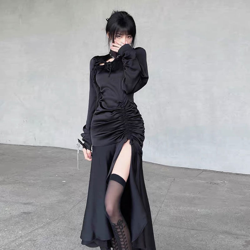 風の改良されたチャイナドレスデザインセンスダークブラックハイエンドレトロドレス女性