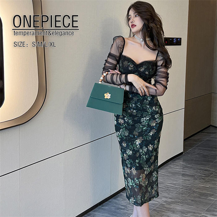 フェミニン タイトワンピース スリット 春秋 秋 ワンピース ドレス ロングワンピース レディース エレガント 優雅 セクシー パーティードレス お嬢様 OL通勤 オフィス レディース フォーマル 3