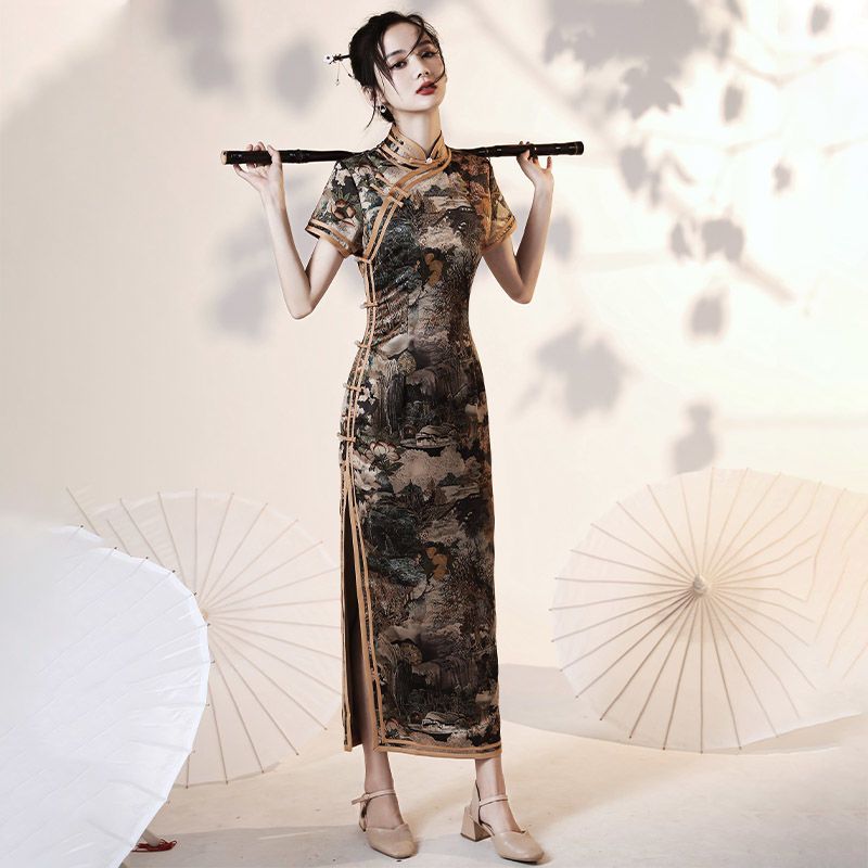 老上海改良少女チョンサムロングセクション2025年若いスタイルのエレガントなドレススタイル