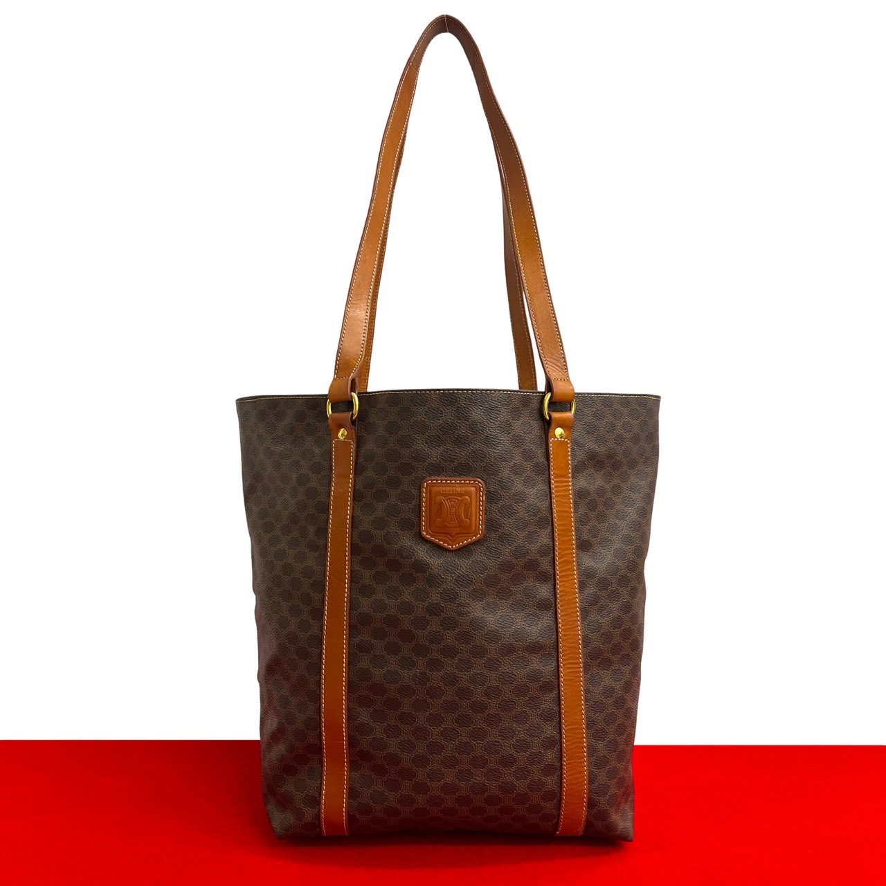 ヴィンテージ マカダム 柄 トリオンフ ロゴトートバッグ レザー PVC ブラウン g95-9