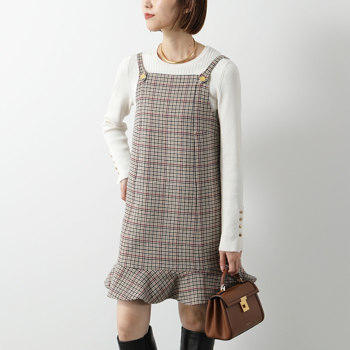 GANNI ガニー ワンピース Check Wool Mix Mini Dress F9695 6825 レディース チェック柄 キャミワンピ ミニ丈 177/Tiger’s-Eye
