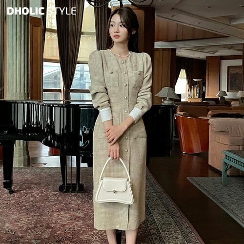 [メガ割りSALE]パール調ボタンツイードパフワンピース・p618802