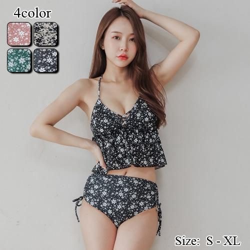 【グラシア】 水着 ハイウエスト レディース ビーチウェア スイムウェア 流行 海 プール ビキニ ガーリー ギャザー キュート クラシカル ビスチェ フレア リボン レトロ 花柄 ブラウン アイボリ