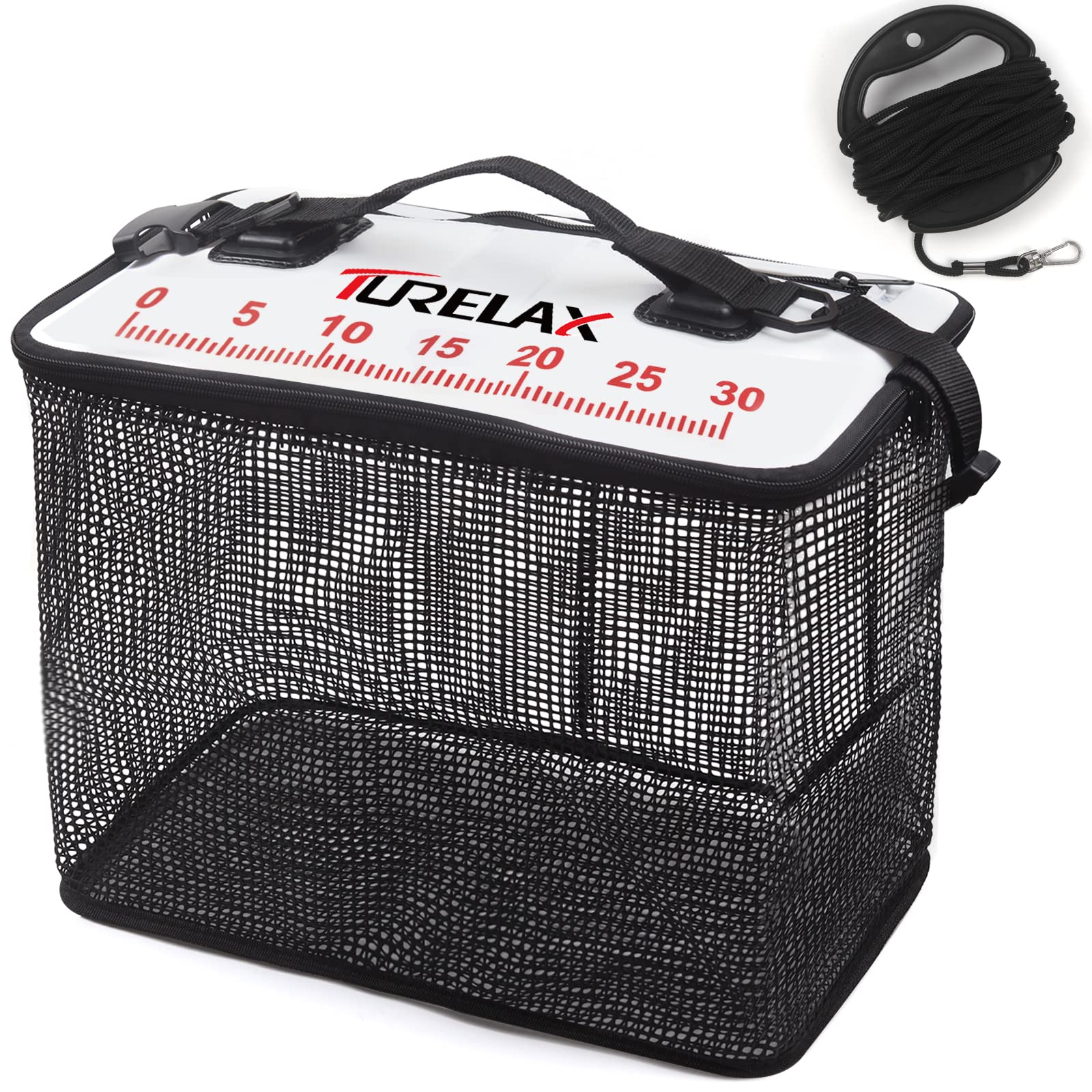 Turelax 折りたたみフローティングスカリ 活かし網 40cm バケツ 8mロープ付属 多機能 釣り 磯釣り 釣り具 釣り用ケース バッカン ホワイト＆ブラック (40cm)