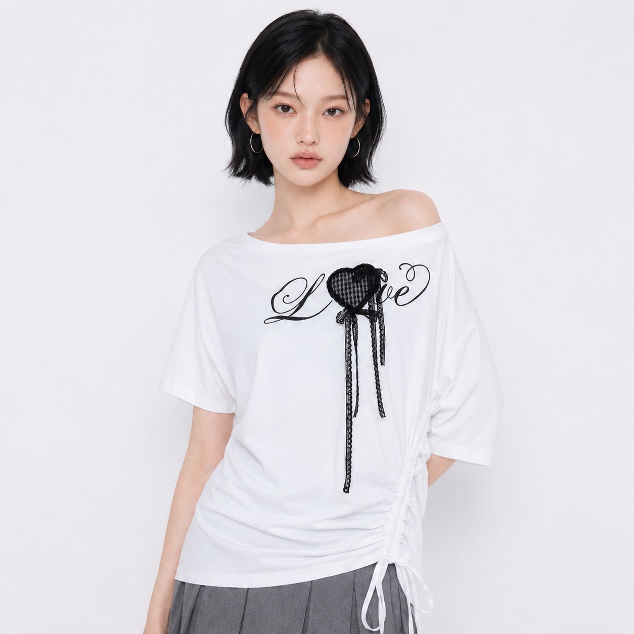 Love One Shoulder Tee ワンショルダーTシャツ [3色] + FREE GIFT