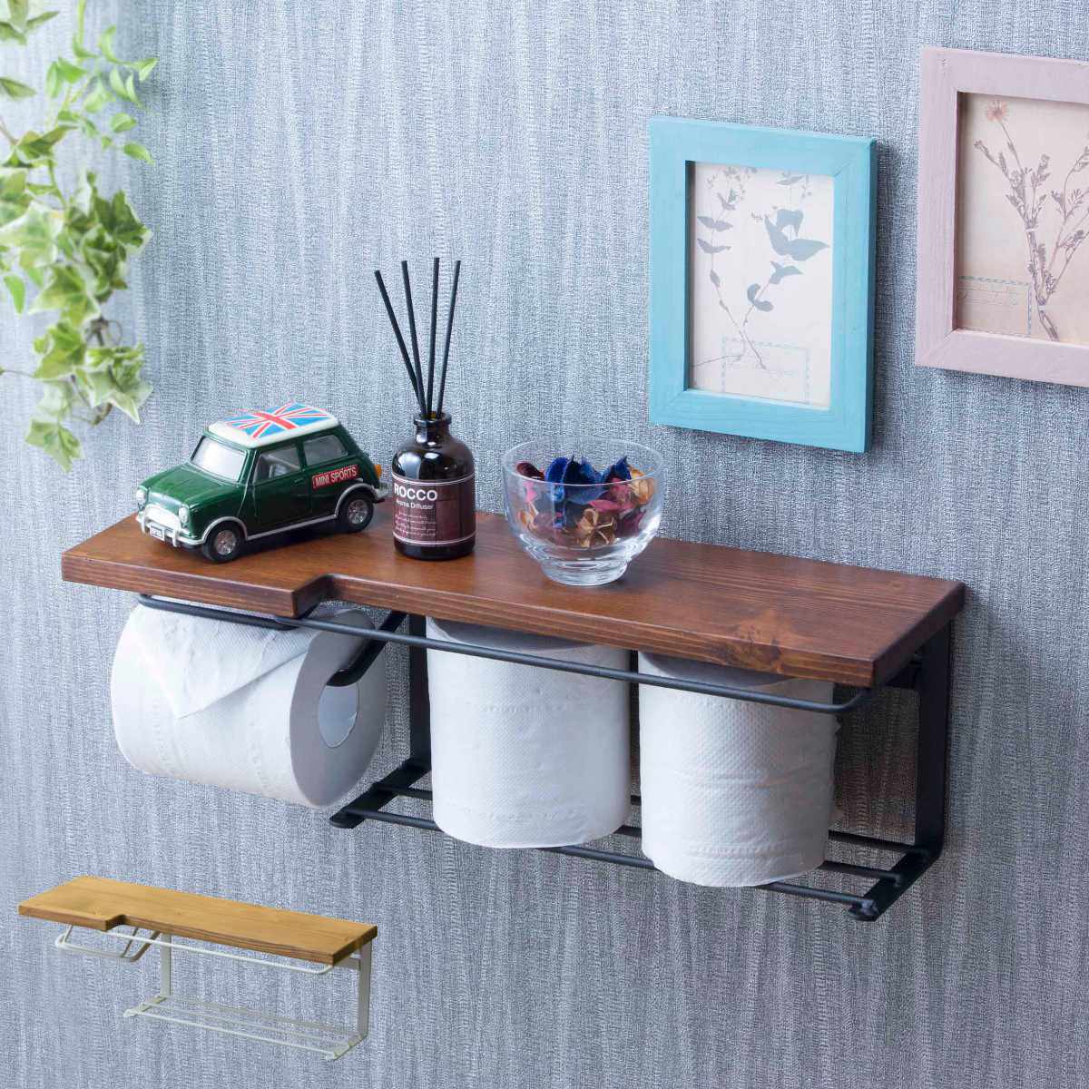 トイレットペーパーホルダー 棚付 天然木 ストックタイプ 幅44cm ダークブラウン ペーパーホルダー トイレットペーパー 2ストック 棚 棚付き 小物置き トイレ ペーパー収納 ホルダー