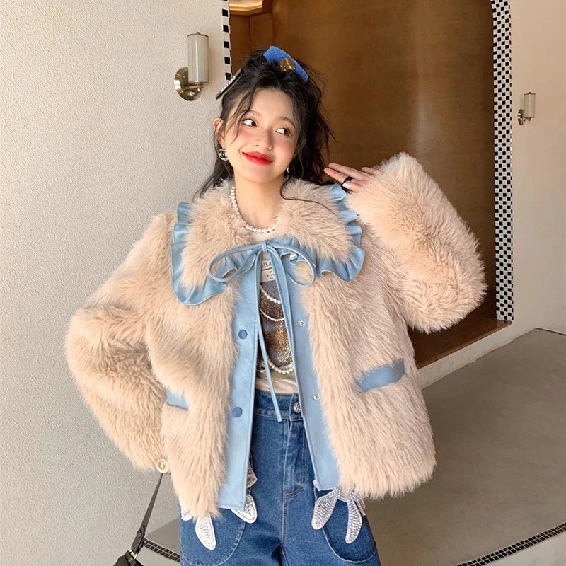 ブランド新作スウィートで可愛い長袖アウターレディース厚手防寒ひと足お先にボア冬服ふわふわトップス韓国ファッション折襟ジャケット着映え