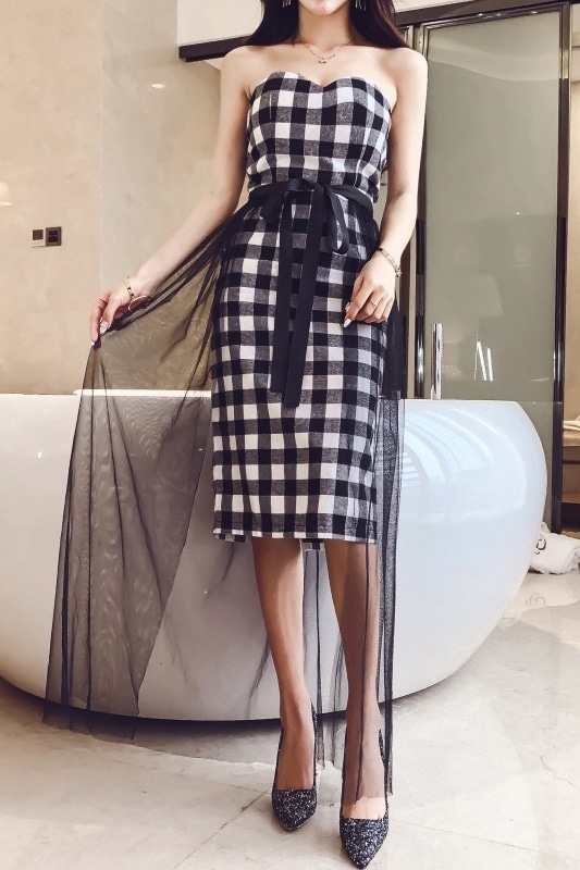 1174．チェック柄チュール付きアワーグラスドレス（ブラック）