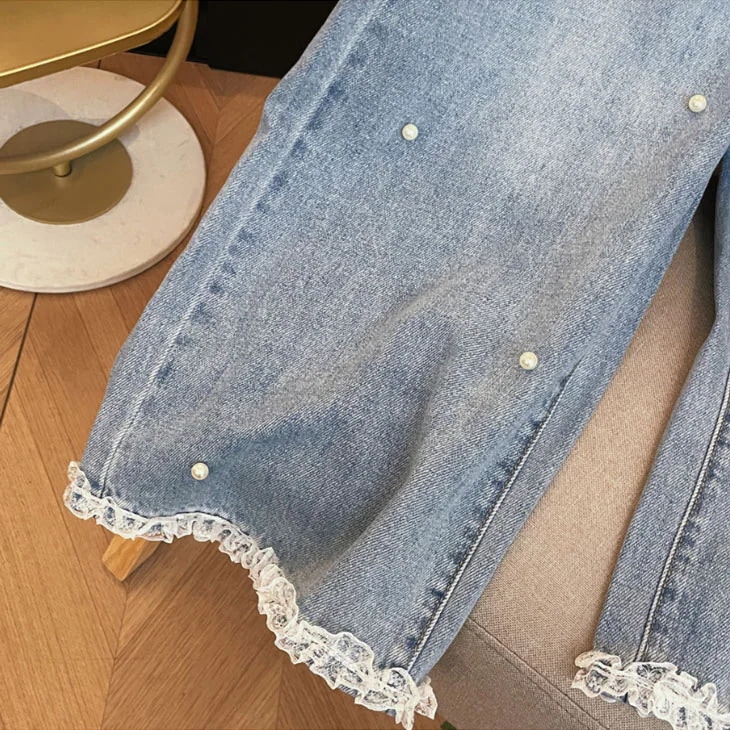 パール レース ストレート ジーンズ レディース デニム パンツ ハイウエスト カジュアル クロップドデニム クロップドジーンズ お洒落 ボトムス ジーパン レースステッチ 韓国ファッション