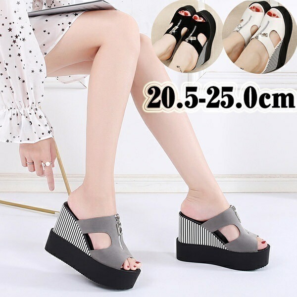 【本日限定】サンダル レディース 厚底サンダル ヒール11cm ファスナー ウェッジソール かかとなし つっかけ ストライプ 小さいサイズ 普段履き オープトゥ カジュアル かわいい リゾート コンフ