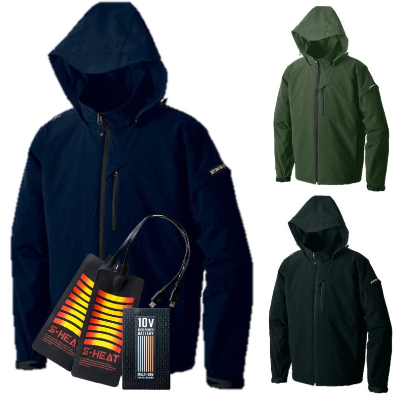 電熱ジャケット バッテリー付きシンメン 03080 STXアドバンス ヒート フード付きヒーター ジャケットS-HEAT 4WAYストレッチ 反射 軽量 セパレートフード 即暖効果 防風 消臭 保湿