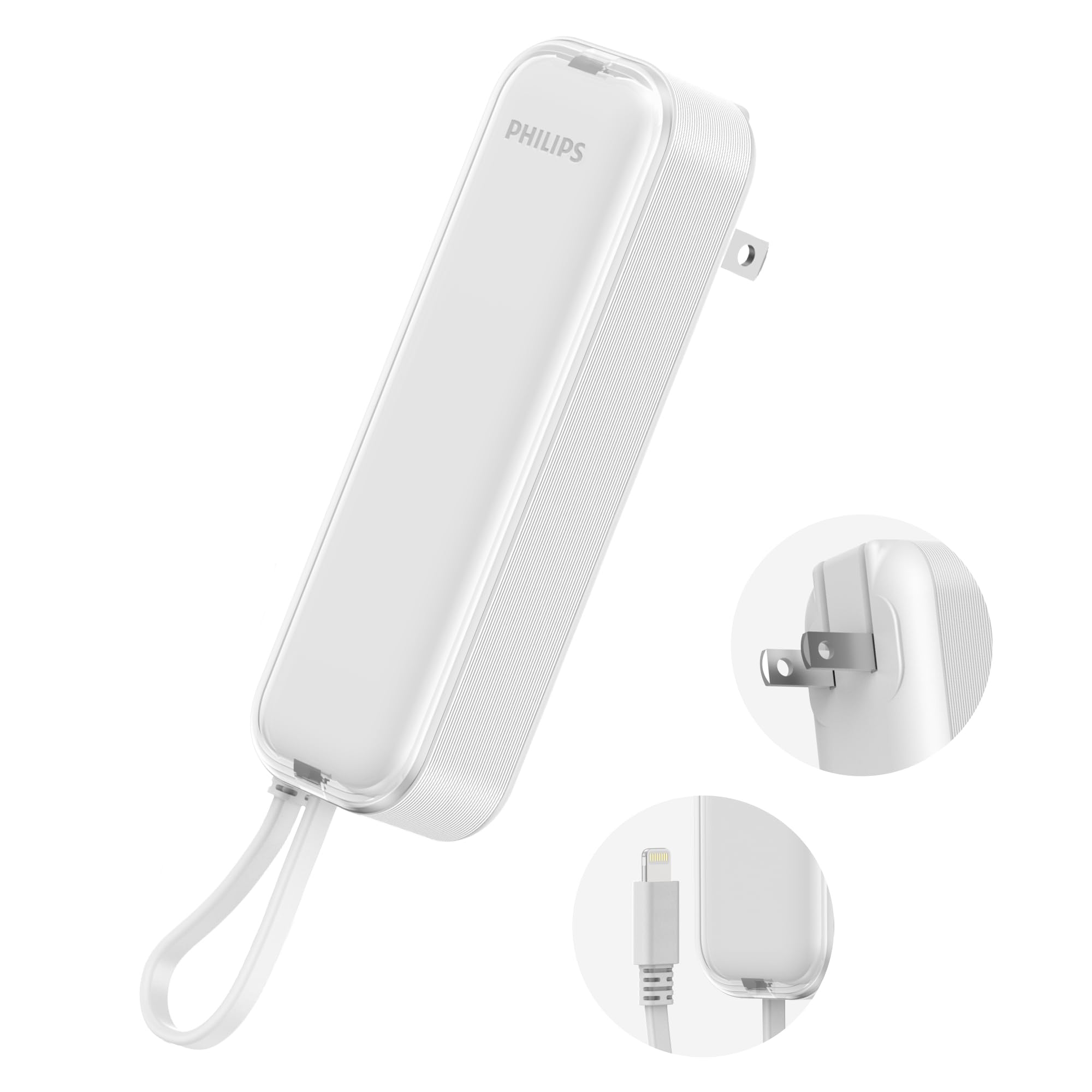 Philips (フィリップス) 小型 モバイルバッテリー ACプラグ付 5000mAh 大容量 Lightningケーブル内蔵 軽量 二台同時充電 小電流デバイス対応 モバイル充電器 パススルー機能