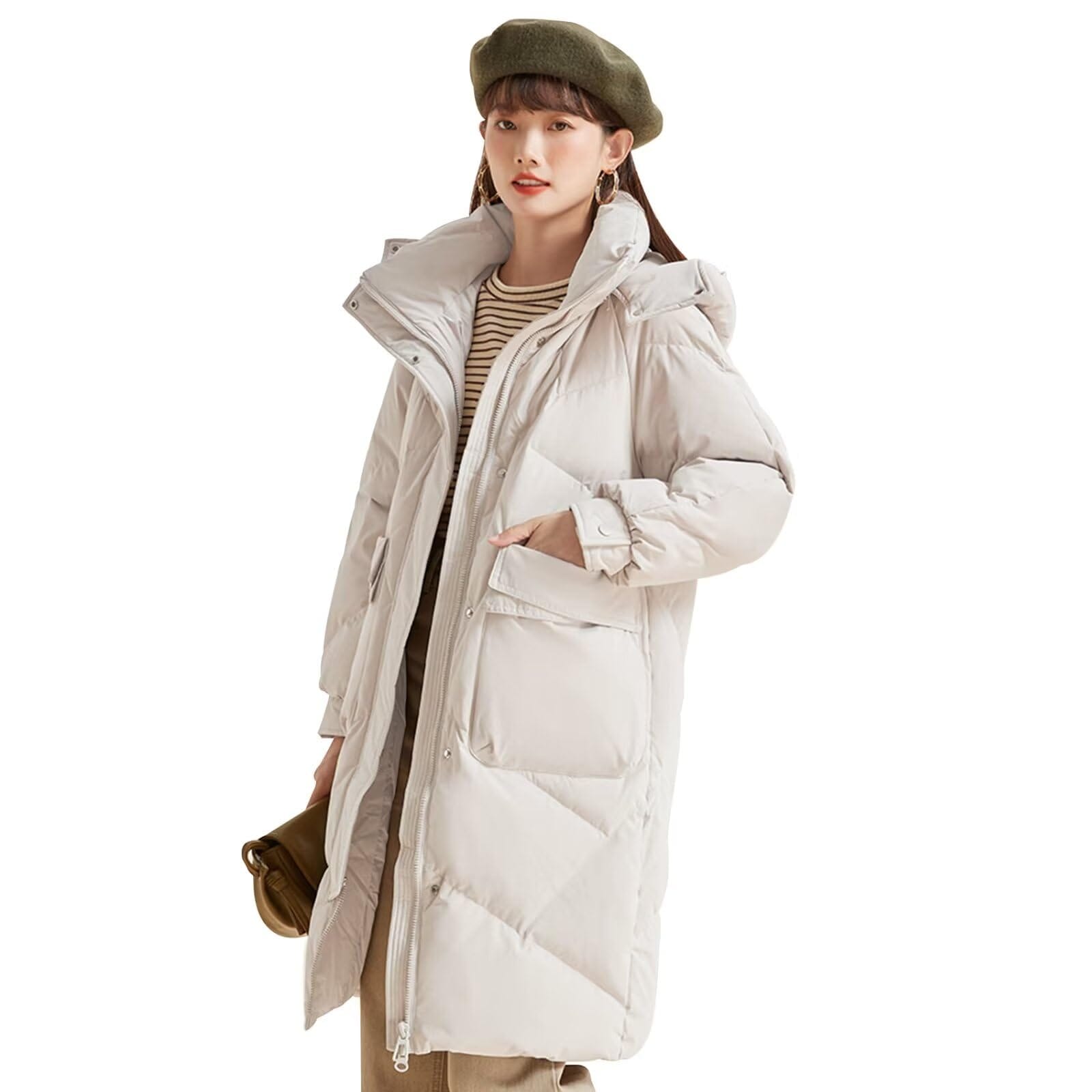 [HEWEAYTA] ロングダウンコート レディース ベンチコート 冬 中綿 防寒 厚手 無地 フード付き 暖かい カジュアル 通勤 通学(04ベージュ M)