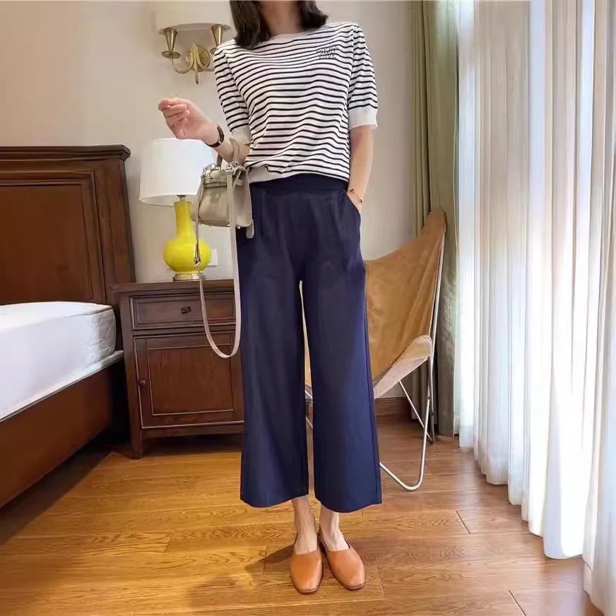 ダークスパークルテンセルジーンズハイウエストワイドレッグ夏通気性ゆったりドレープしわになりにくいスモールカジュアル9点パンツレディース