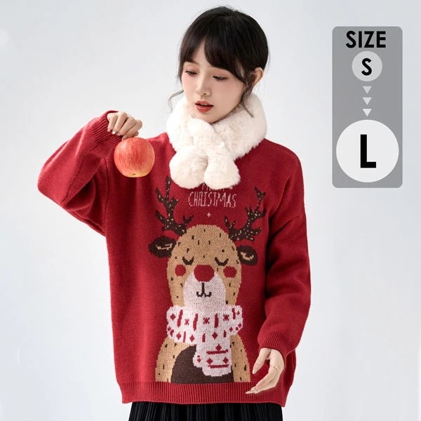 セーター レディース クリスマス ニット クリスマスセーター ニットセーター Xmas Christmas クルーネック サンタ服 長袖 トップス ゆったり 秋冬 体型カバー おしゃれ カジュアル