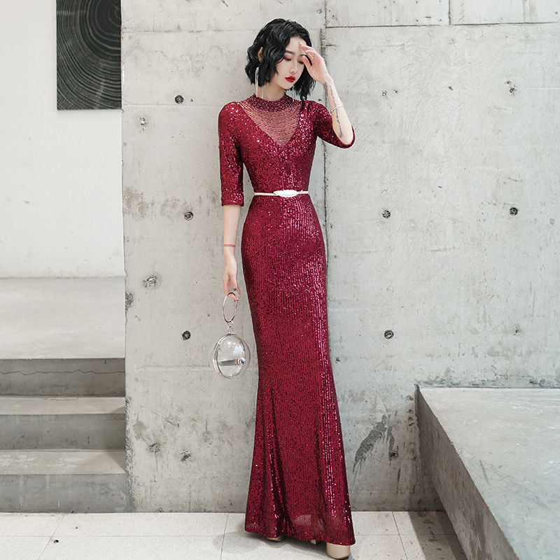 タッセル付き女性用イブニングドレスバンケットスタイルホストバーガンディテールロングスタイル 7,529円