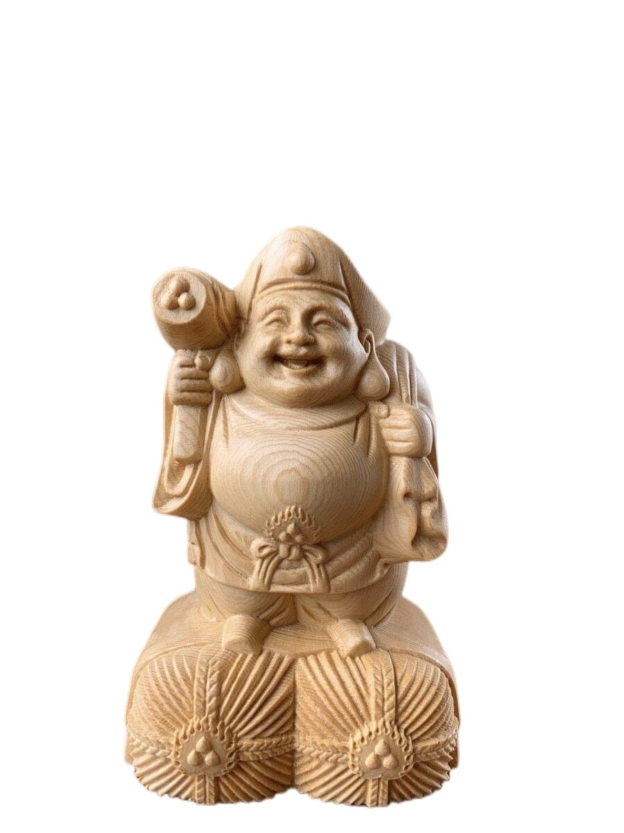 仏像 大黒天 大黒天像 檜木 木彫 仏具 (約)高16cm×幅9.5cm×奥行9cm