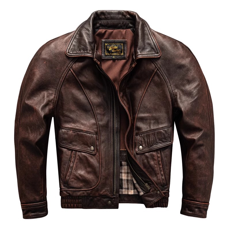 アミ カーキ レトロ ウォッシュ加工 ダメージ加工 第一層 牛革 レザー ジャケット メンズ ラペル ショート スリム レザー ジャケット トレンディ 26,615円