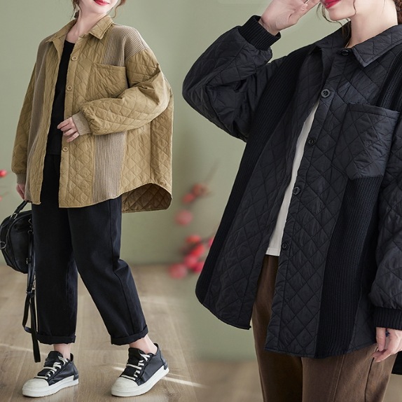 個性的 ゆったり トップス ジャケット 袖あり 長袖 襟付き ワイド ボタン 前開き キルティング 厚手 シンプル カジュアル 上品 おしゃれ お洒落 かっこいい レトロ こなれ感 ラフ