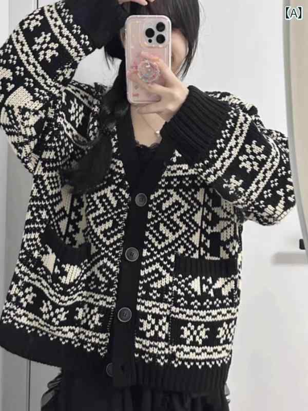 ニット レディース カーディガン おしゃれ カジュアル 大きめサイズ レトロ 韓国 秋冬 厚手 セーター 黒 白