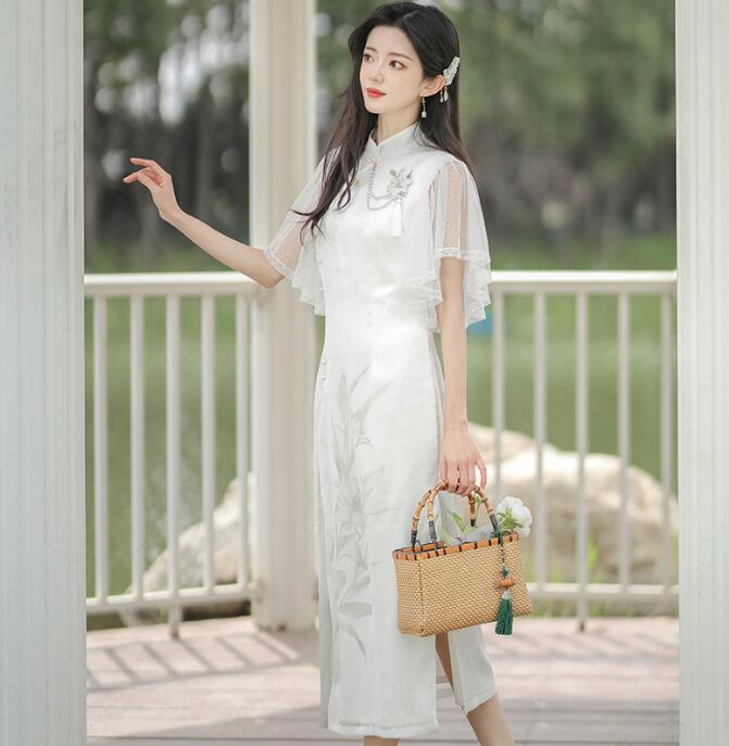 チャイナドレス ロング丈 フレア袖 細身ドレス 漢風ドレス ロング丈チャイナドレス スリット入り ジャカード パーティードレス 礼服 お呼ばれ 謝恩会 発表会 チャイナドレス