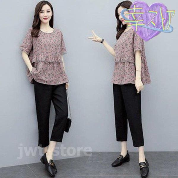 セットアップ レディース 夏 カジュアル 40代 20代 おしゃれ 上下セット Tシャツ 半袖 Vネック 綿麻 九分丈パンツ 大きいサイズ 韓国風 着痩せ 通勤 OL 新品