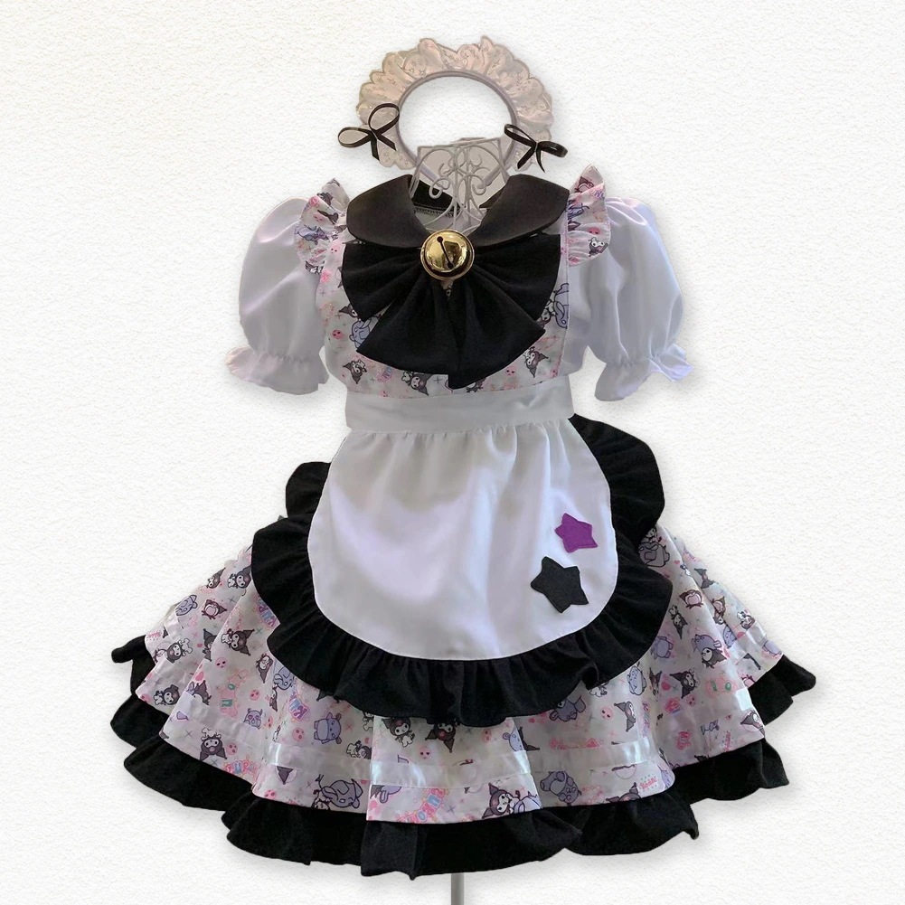 Kuromi柄　クロミワンピース　鈴付け　姫袖　可愛い　ウサギ柄　黒スカート