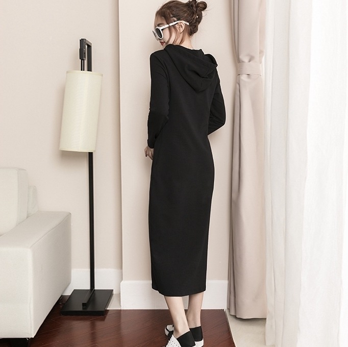 ワンピース パーカー フーディー ロングスカート ロング ロング丈 袖あり 長袖 Uネック ストレート Iライン フード付き 綿 かわいい シンプル カジュアル 大人 上品 おしゃれ お洒落